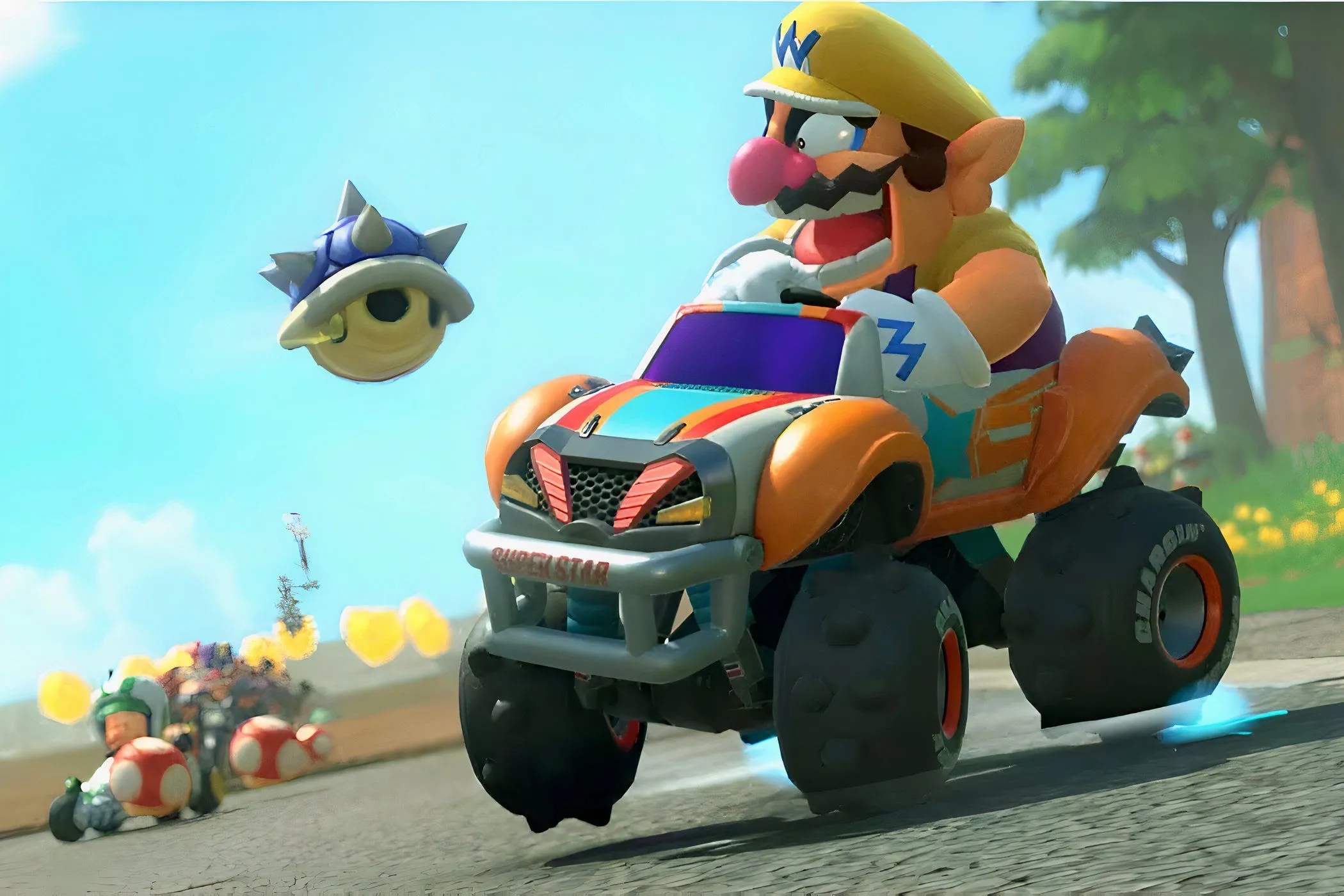 Wario tức giận nhìn vỏ Sò Xanh (Blue Shell) đang bay tới trong Mario Kart, nỗi ám ảnh của mọi tay đua dẫn đầu.