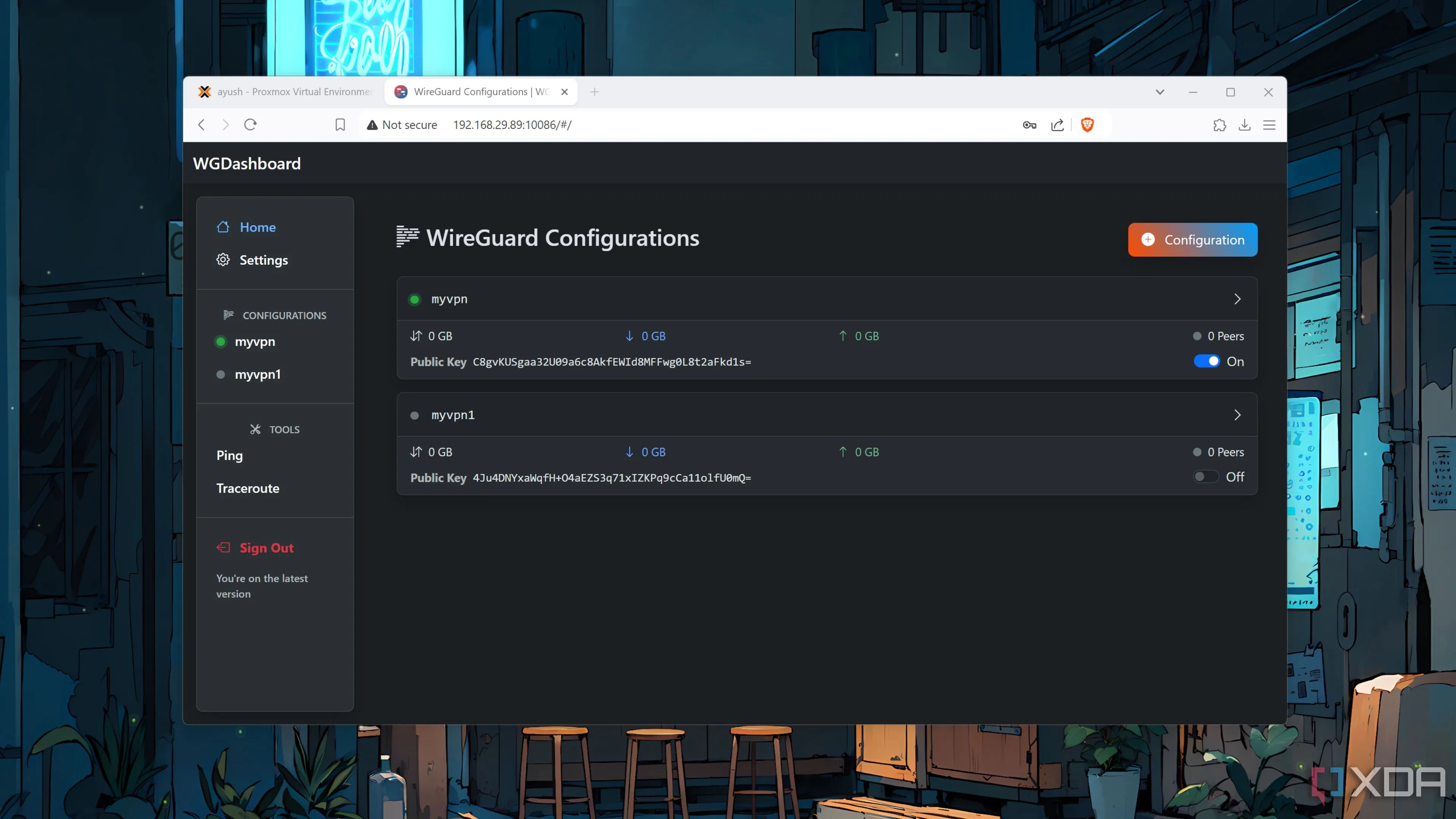 WGDashboard hiển thị hai đường hầm VPN WireGuard đã thiết lập, bảo mật truy cập từ xa