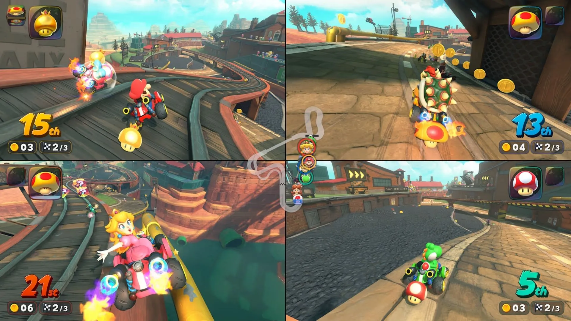 Xe kart đang di chuyển trên đường đua băng giá, tuyết phủ trong Star Cup của Mario Kart World