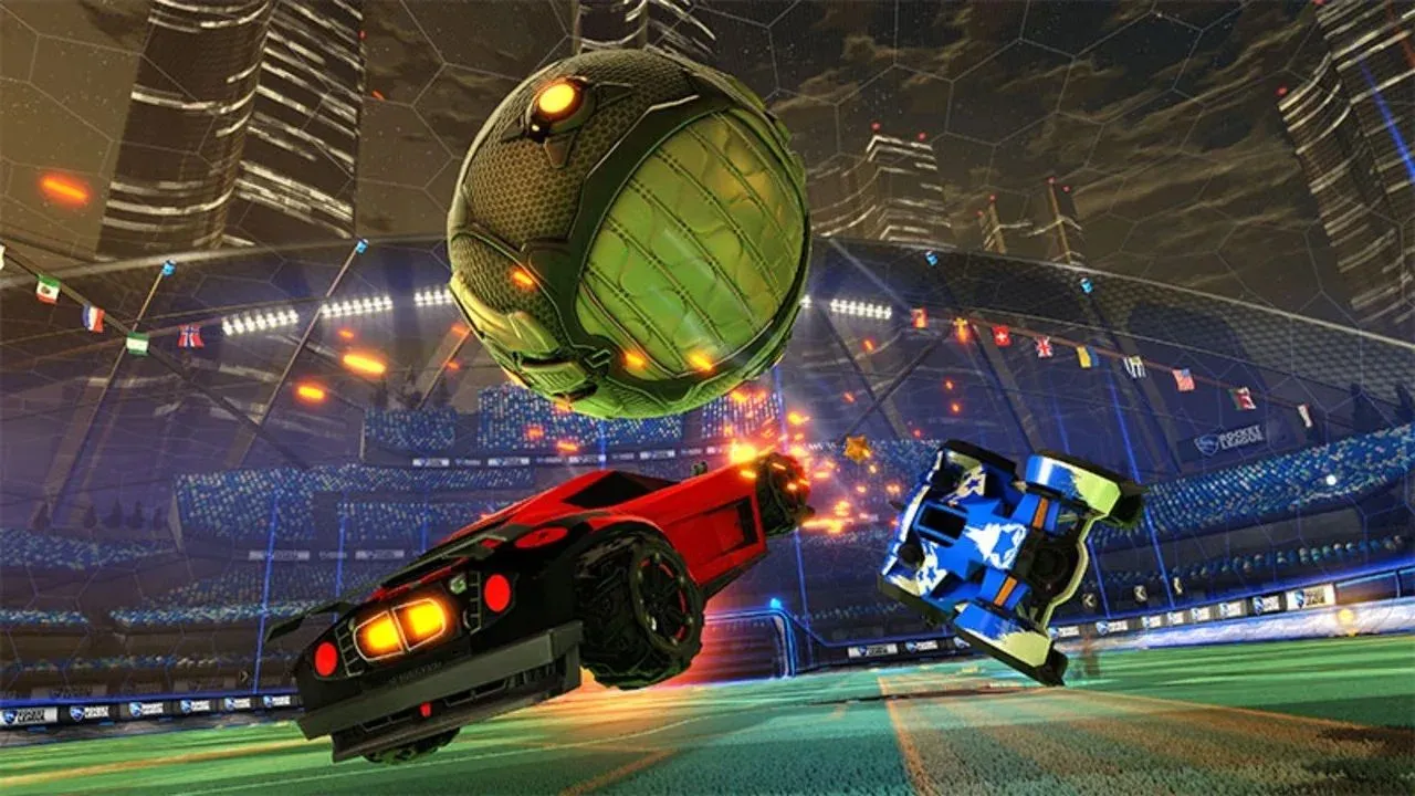 Xe ô tô Rocket League nhảy lên đánh bóng trong trận đấu