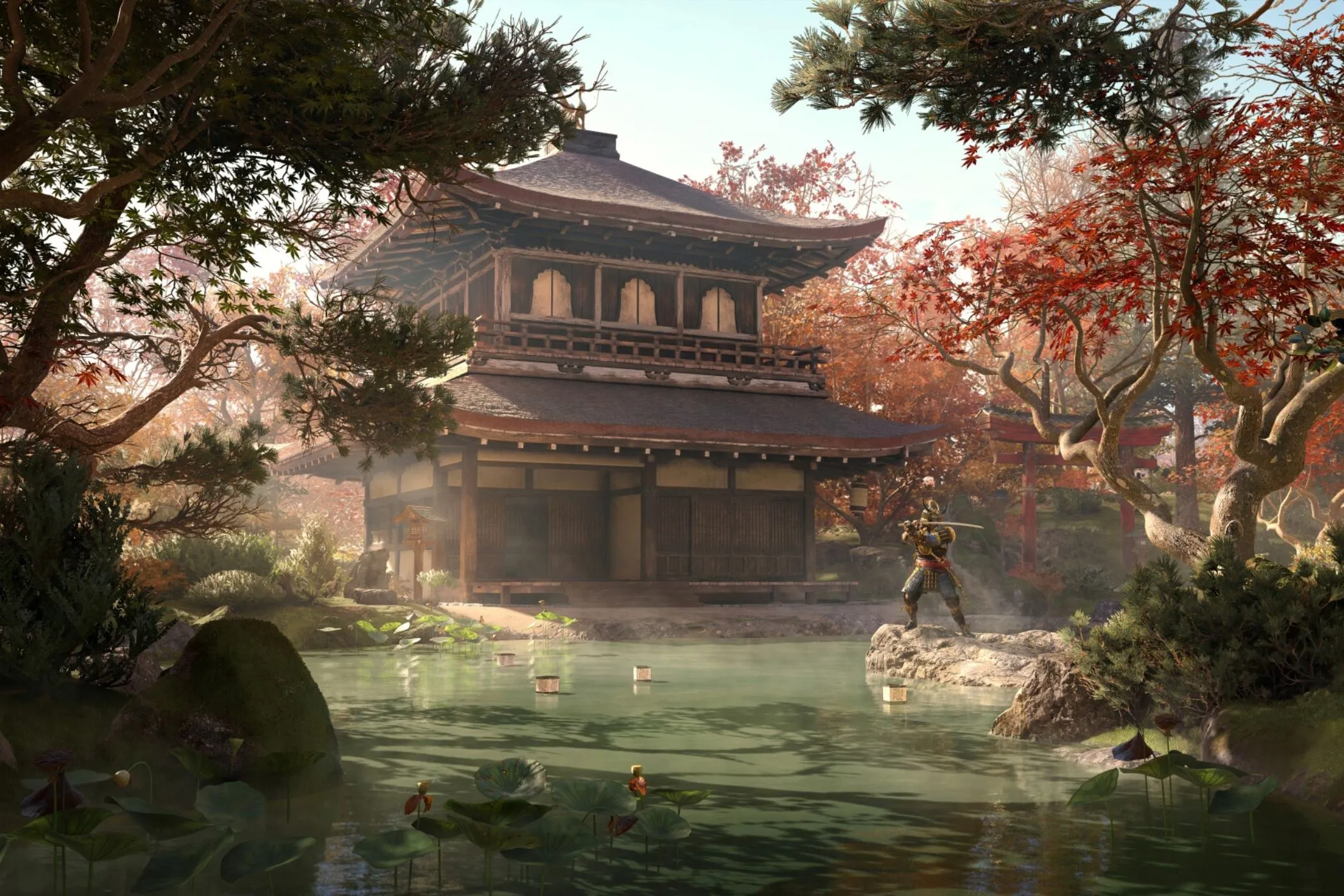 Yasuke đứng cạnh một công trình kiến trúc cổ, minh họa tầm quan trọng của việc nâng cấp căn cứ trong Assassin's Creed Shadows.