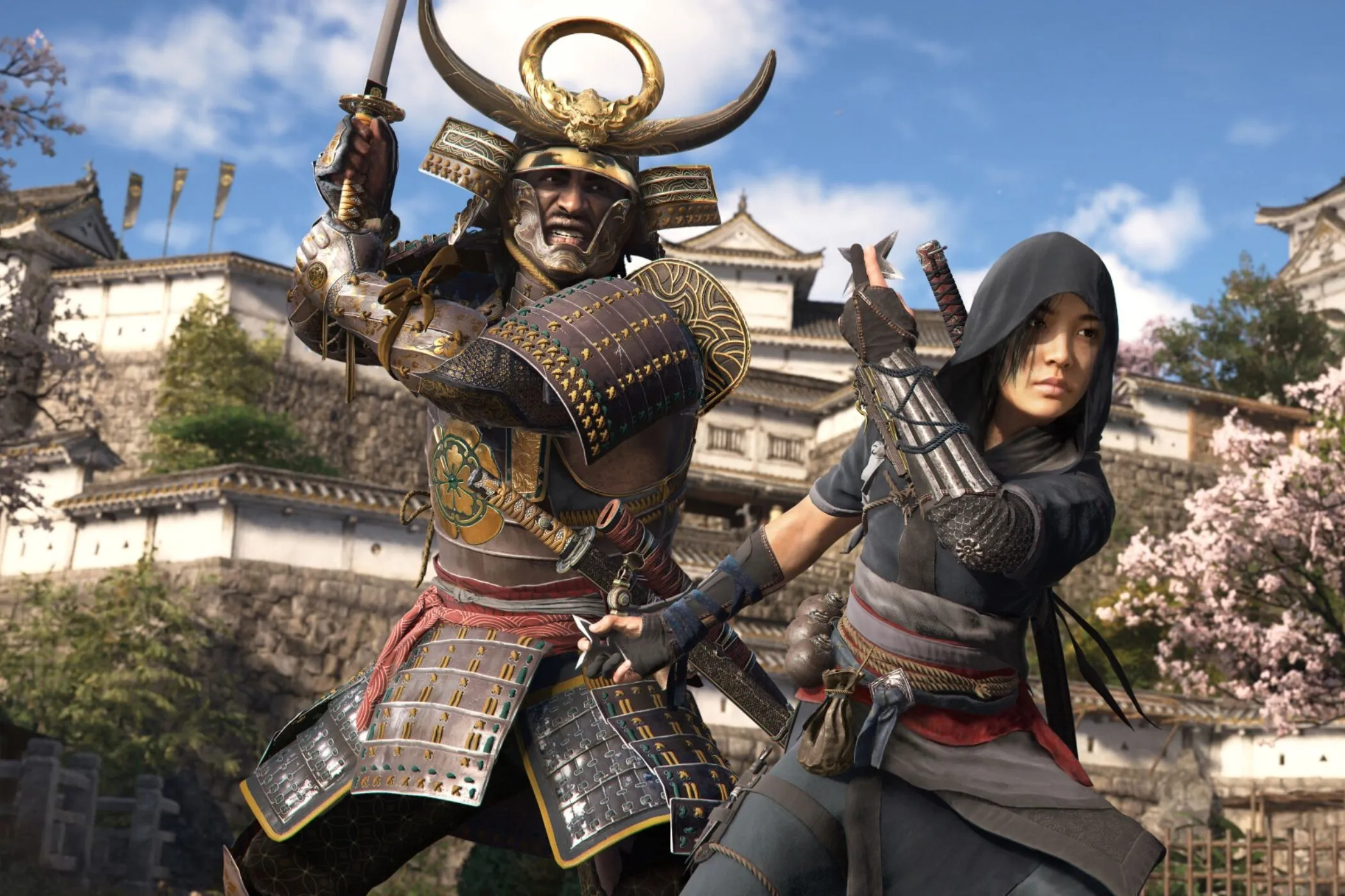 Yasuke và Naoe cùng nhau đứng, thể hiện sự đa dạng trong nâng cấp kỹ năng