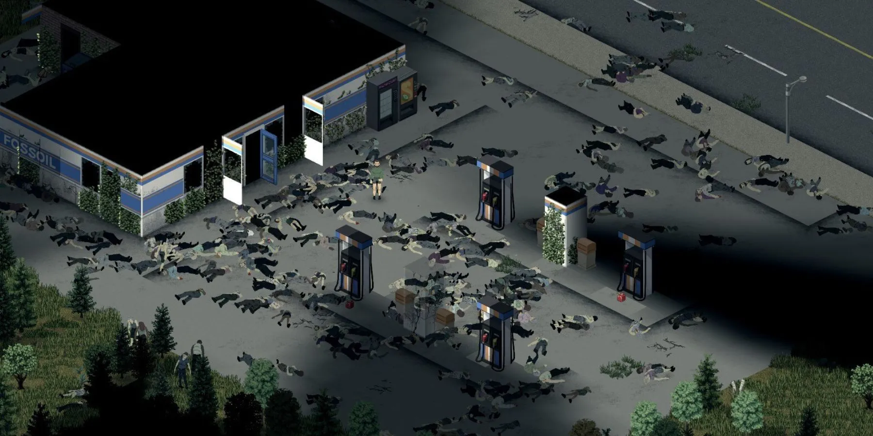 Zombie tập trung tại trạm xăng trong Project Zomboid